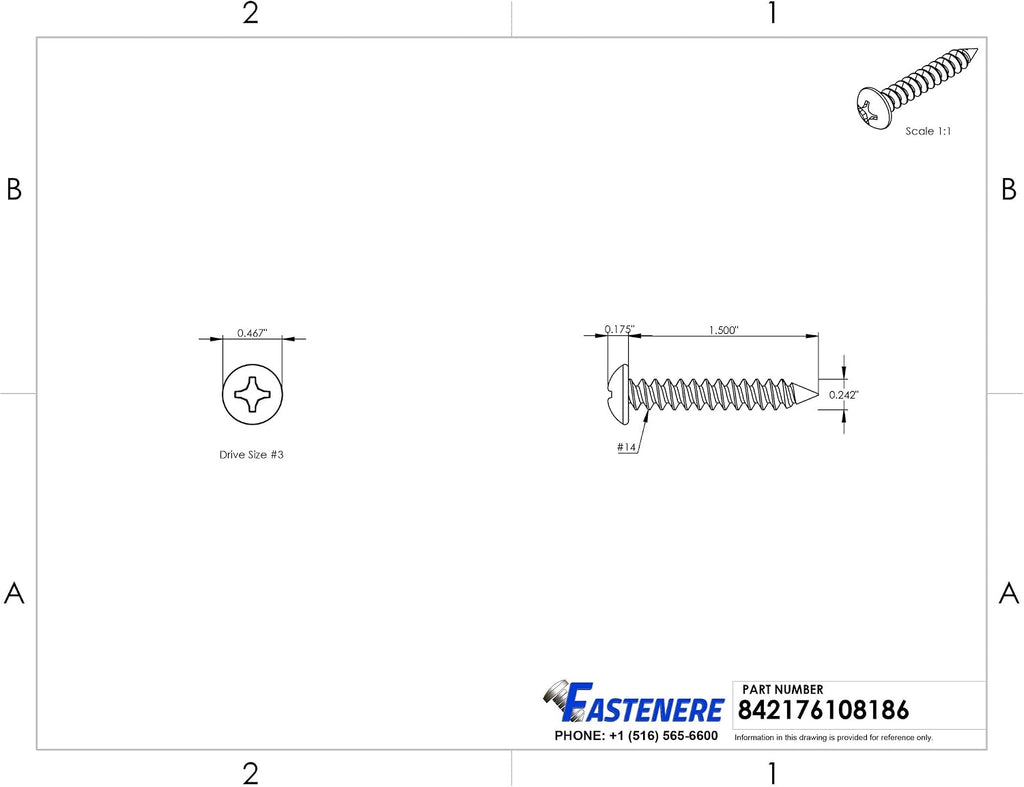 #14 x 1-1/2' Pan Head Sheet Metal Screws, Stainless Steel 18-8, Full Thread, Bright Finish, Self-Tapping, Quantity 1000 By Fastenere
