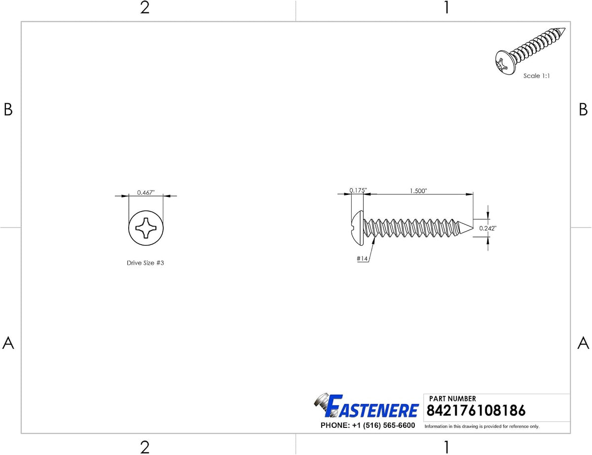 #14 x 1-1/2' Pan Head Sheet Metal Screws, Stainless Steel 18-8, Full Thread, Bright Finish, Self-Tapping, Quantity 1000 By Fastenere