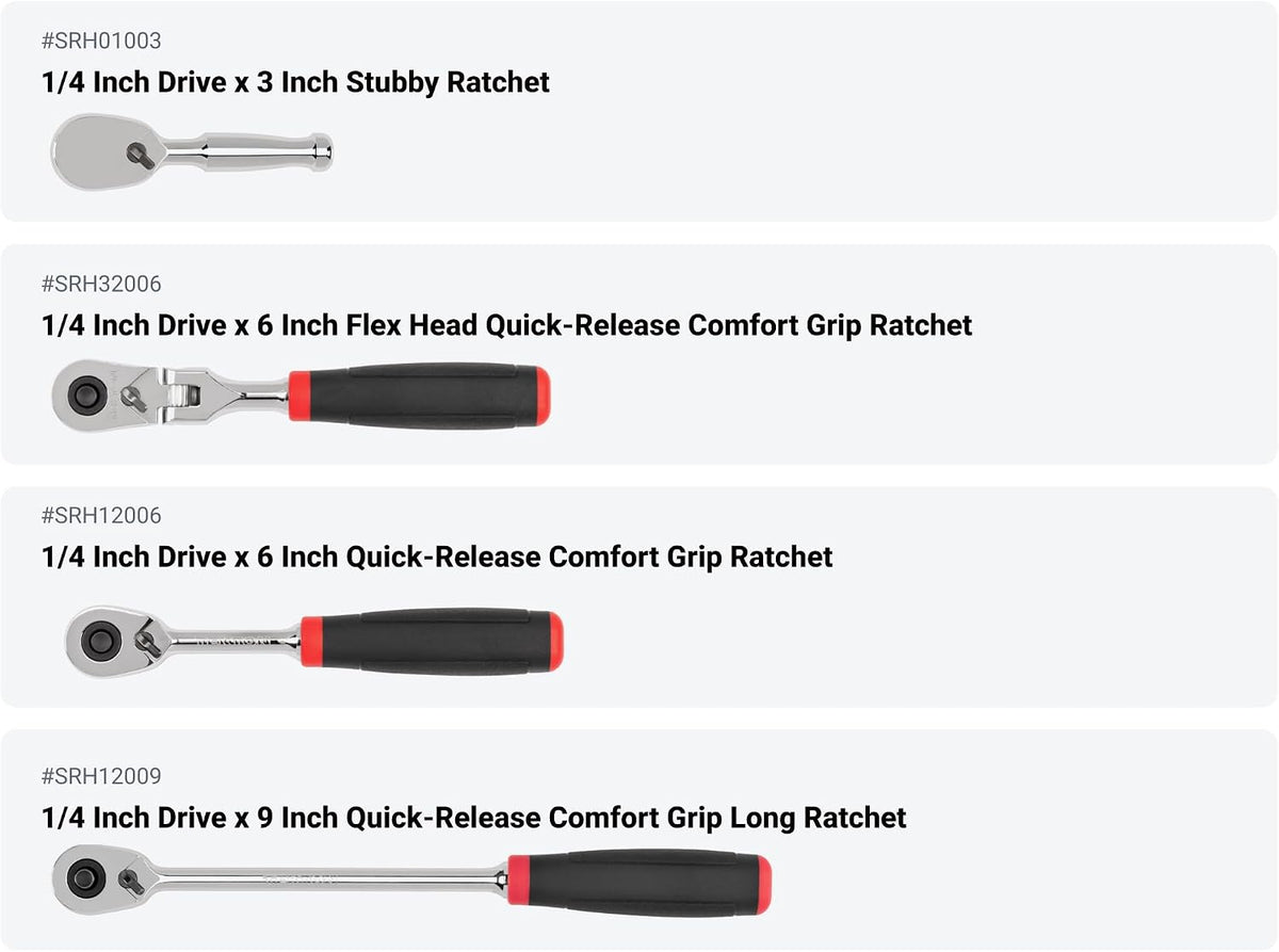 TEKTON 1/4, 3/8, 1/2 Inch Drive Quick-Release Comfort Grip Ratchet and Breaker Bar Set (15-Piece) | SDR99904