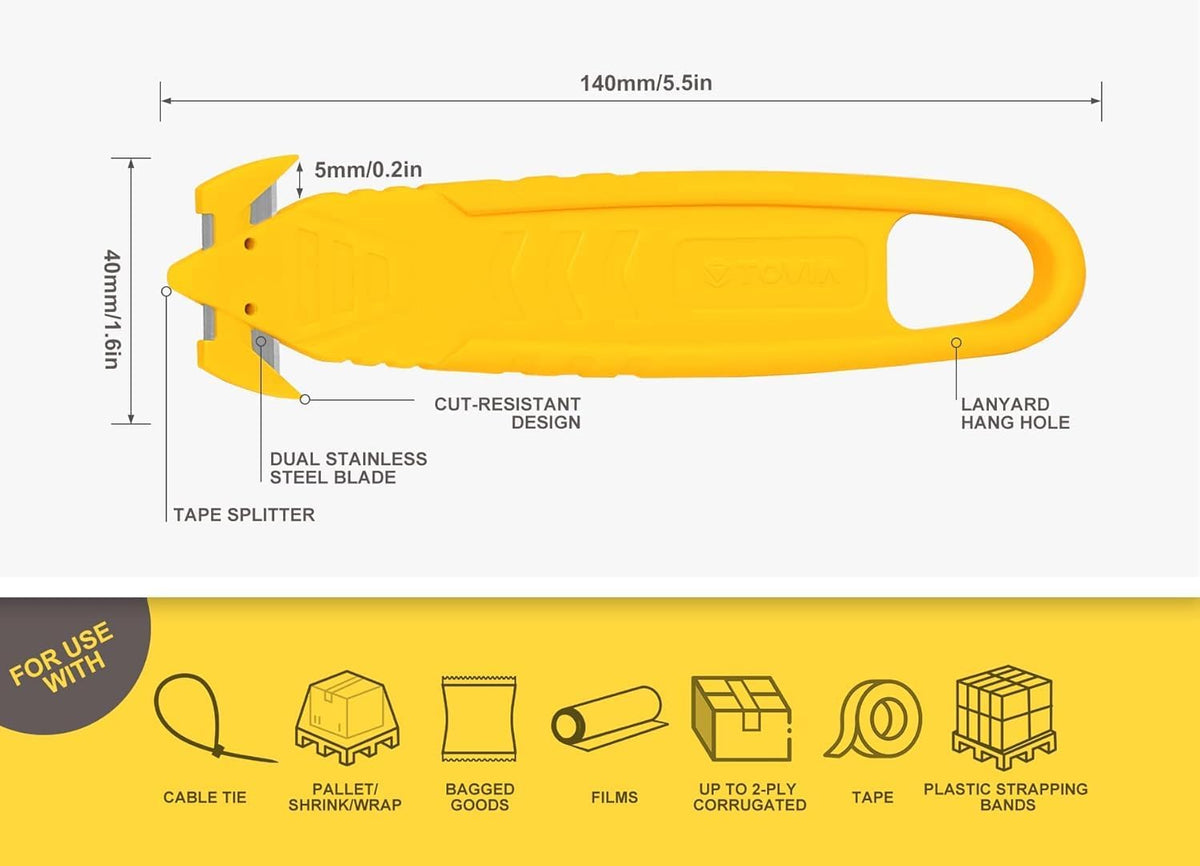 500 Pcs Safety Box Cutter T TOVIA Safety Utility Cutter of Stainless Steel Blade Package Opener with Tape Splitter for Cartons, Cardboard, Wrap, Straps, Film