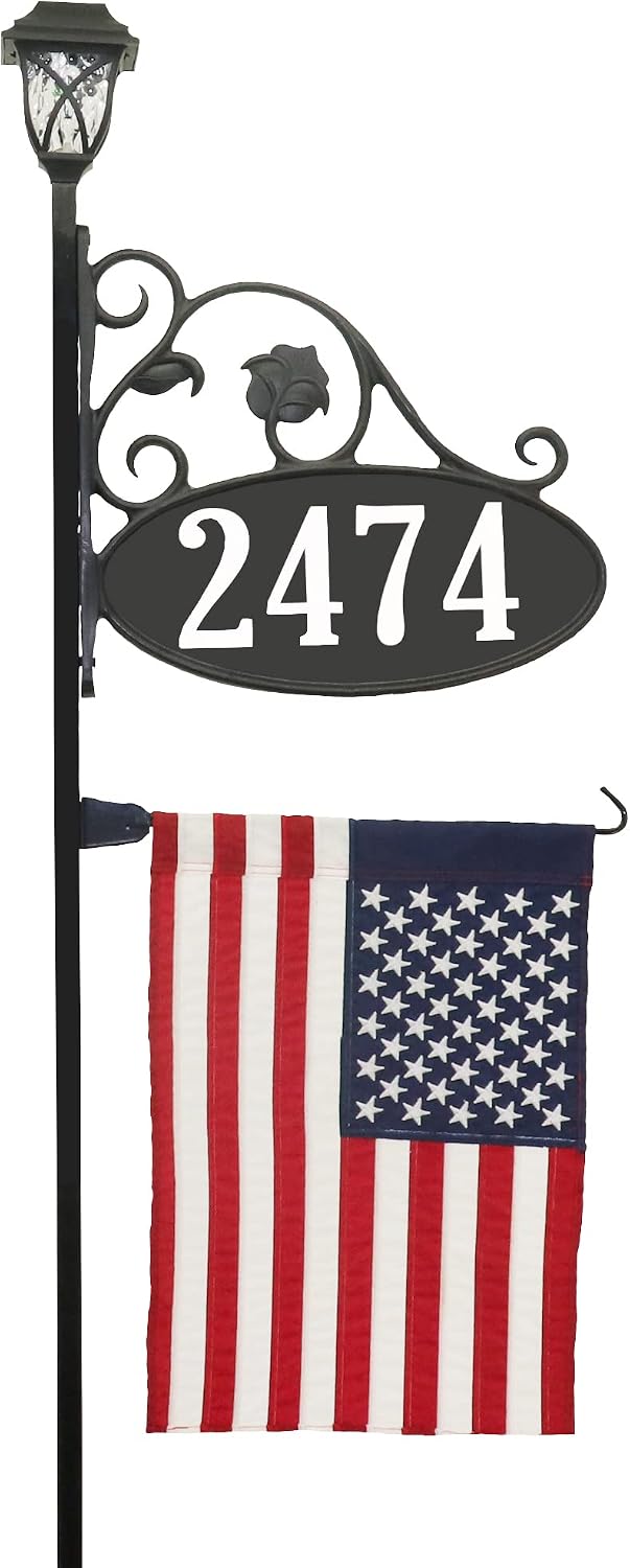 Address America USA Handcrafted Park Place Reflective Address Sign with Decorative American Flag and Solar Light - 47' Pole