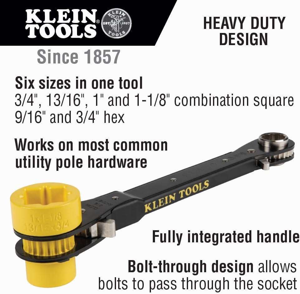 KLEIN TOOLS KT155HD Heavy-Duty 6-In-1 Lineman's Ratcheting Wrench with Bolt Through Design and Bright Yellow Socket