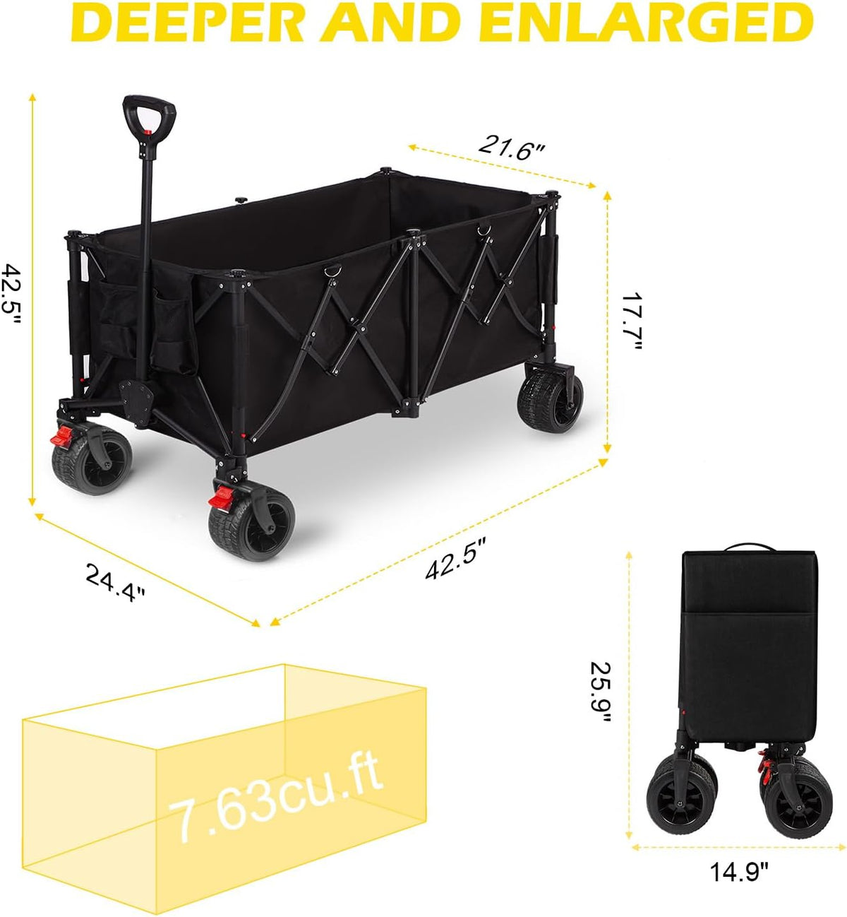 Collapsible Foldable Wagon Cart with 440lbs Weight Capacity, Heavy Duty 260L Large Capacity Garden Cart with Big All-Terrain Solid Wheels, Foldable Wagon for Sports Beach Grocery Camping