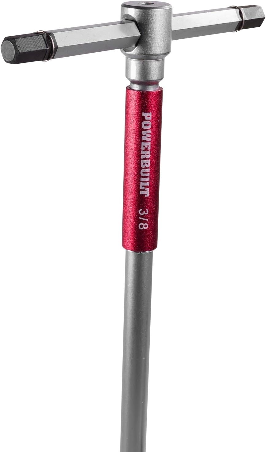 Powerbuilt 8 Pc SAE T-Handle Hex Allen Key Wrench Set w/ Speed Sleeves for Fast Spinning Action, Sliding Top Handle for 'T' or 'L' Shape, Long Shafts, Storage Rack, Auto, Bicycle, Moto - 941644 , Red