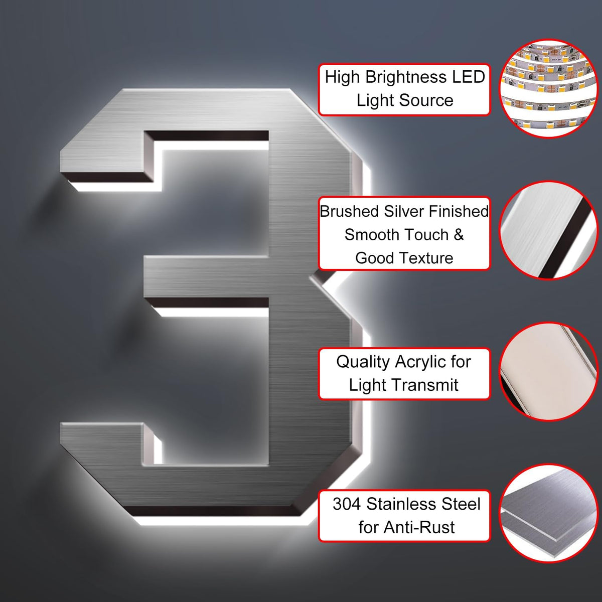 Illuminated House Numbers, Stainless Steel House Address Numbers, Backlit LED Illuminated Home Address Number, Lighted House Numbers, Modern Address Numbers,20 Inch/500mm,2