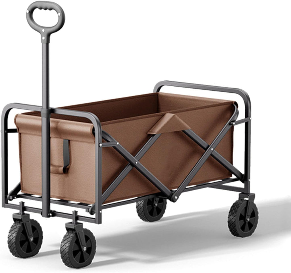 Garden Carts,Coffee Color Collapsible Wagon,Sports Outdoor Utility Wagon Folding Garden Wagon Sports Steel Frame Foldable Yard Car with Solid Wheel Camping Cart