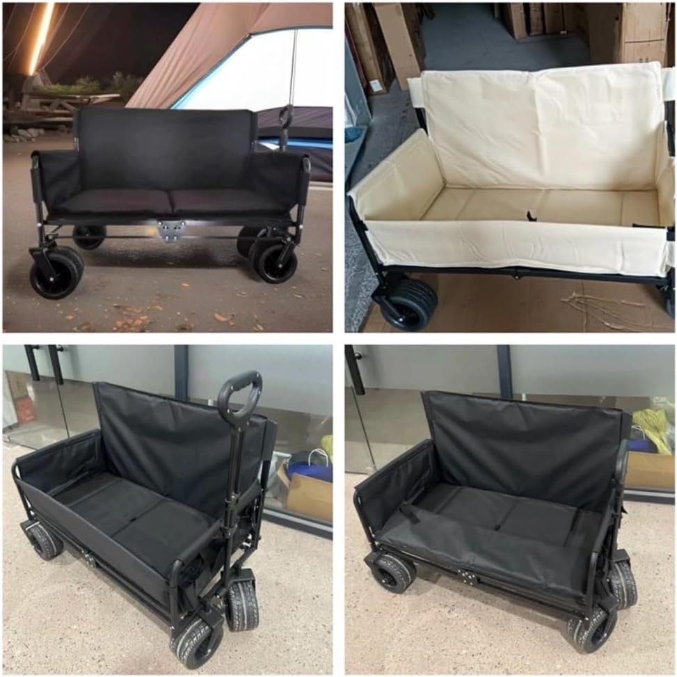 2 in 1 Rolling Wagon with Seats, Foldable Wagon with Wheels, Utility Grocery Cart for Camping, Beach, Sports, Garden(Black)