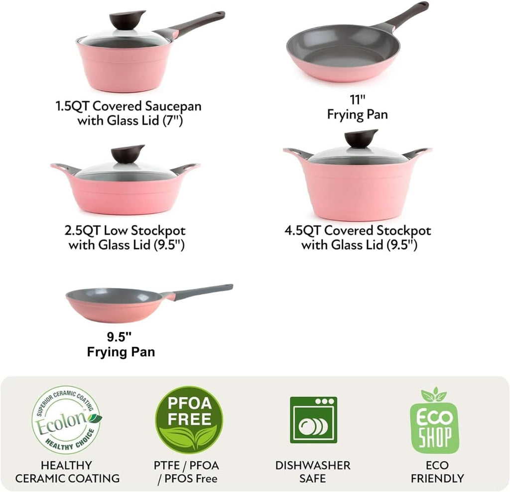 Neoflam Eela 8-Piece Pink Ceramic Nonstick Chef Cookware with Glass Lid, Kitchen Pot and Pan Cooking Set, Ceramic Coating, Easy to Clean, Great Gift for Kitchen, Made in Korea