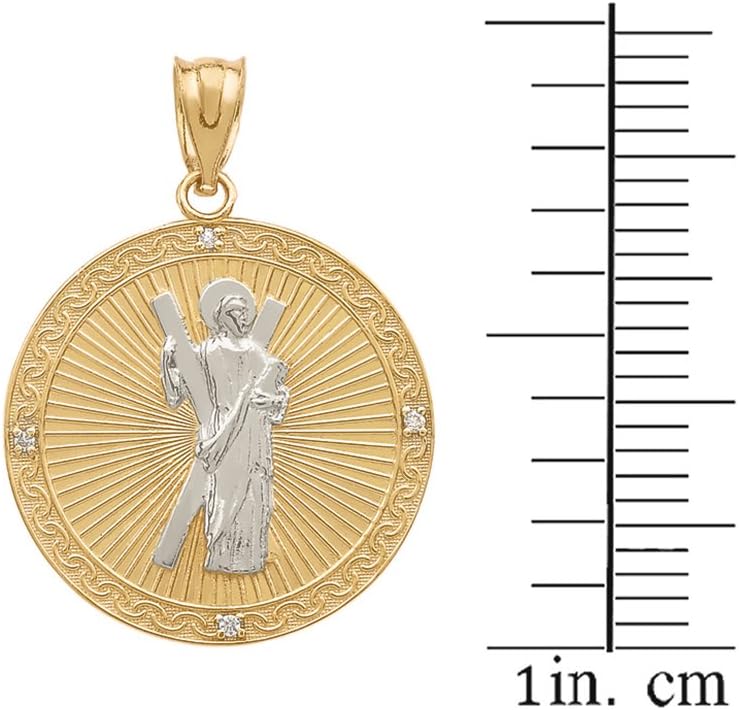 10k Two-Tone Gold Saint Andrew the Apostle Diamond Round Medal Charm Necklace (Small)