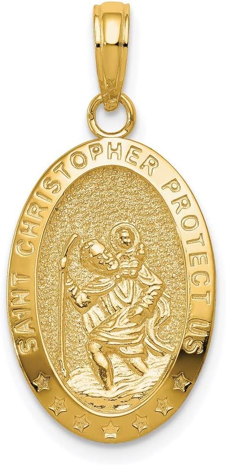 DEWBERRY Real 14K Yellow or White Gold Polished Solid Saint Christopher Medal Oval Pendant |Unisex Womens Men's Religious St. Christopher Medals | Round St. Christopher Protect Us Pendants & Charms
