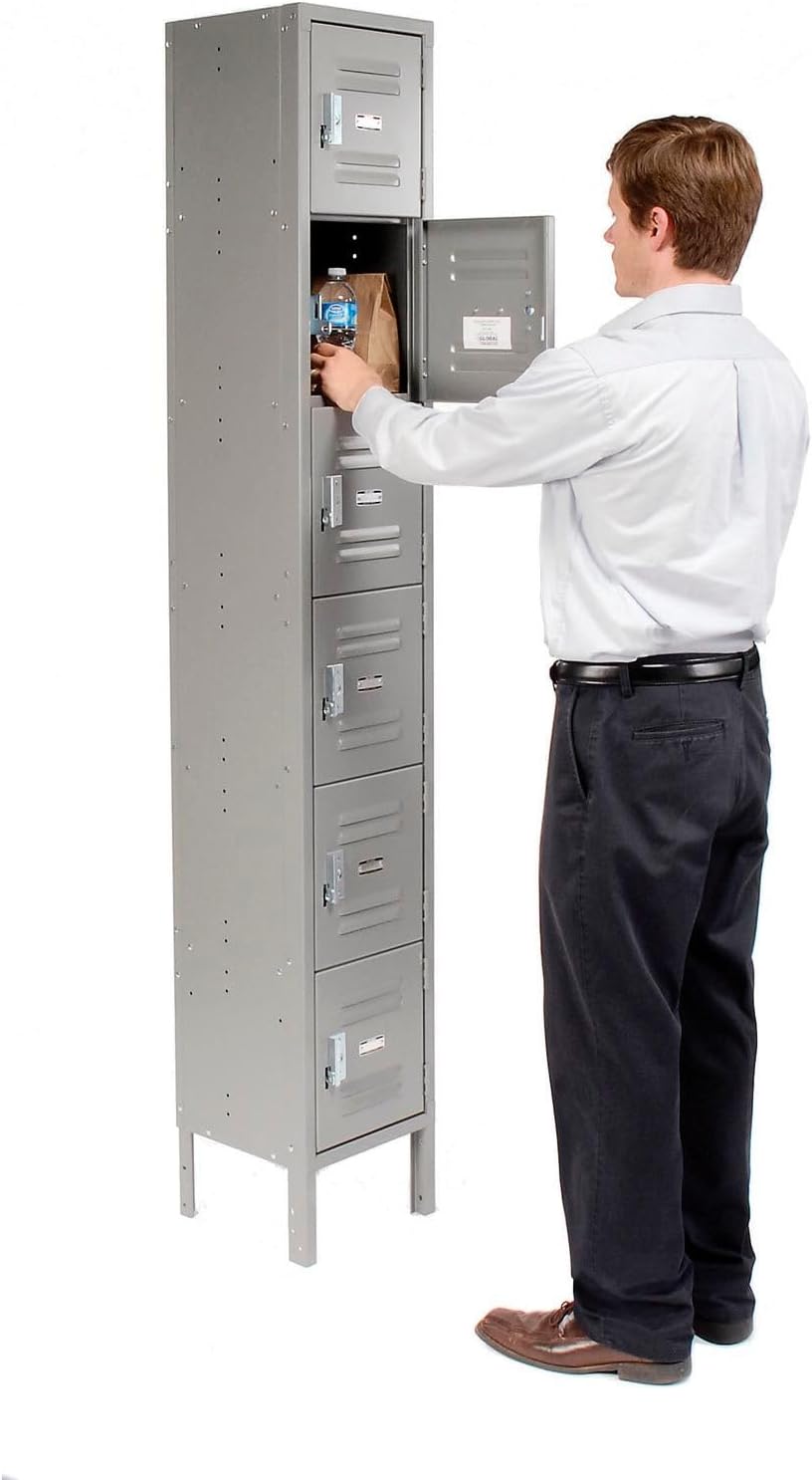 Global Industrial One-Wide Six-Tier Locker with Padlock Hasp, 12' W x 15' D x 78' H, 6 Doors, 12'x15'x12' Compartment Size, 16 Gauge Steel Construction, Unassembled, Gray