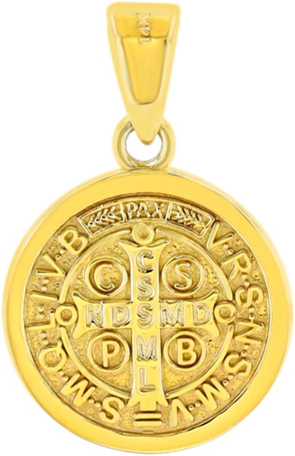 Solid 14K Yellow Gold Polished St Benedict Medal Charm Saint Pendant Cuban Chain Necklace