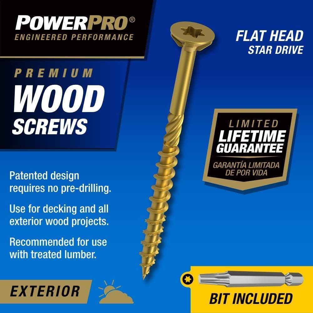 Power Pro Premium Exterior Wood Screws, #8 x 2 Inch All-Purpose Deck Screws for Outdoor Projects, T-25 Star Bit Included, Bronze, 3000 Pieces | 967775