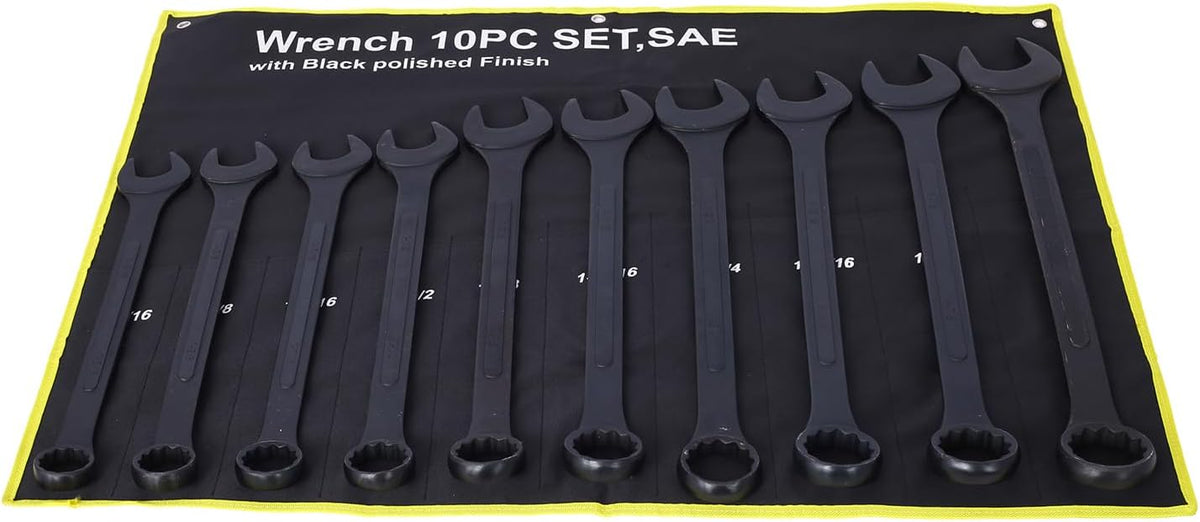 10-piece Jumbo Wrench Set, 1-5/16'' to 2'' Large Combination Wrench Set, SAE, Black Oxide Finish with Pouch