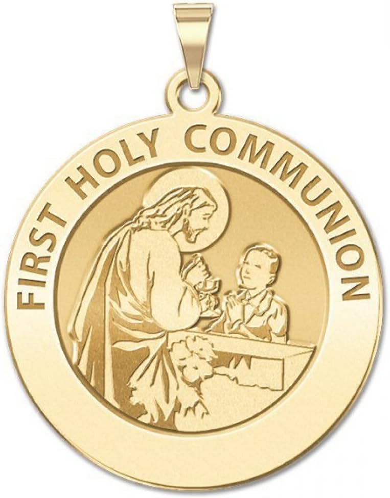 PicturesOnGold.com First Holy Communion Religious Medal (for a Boy) - 2/3 Inch (Size of a Dime) Solid 14K White Gold