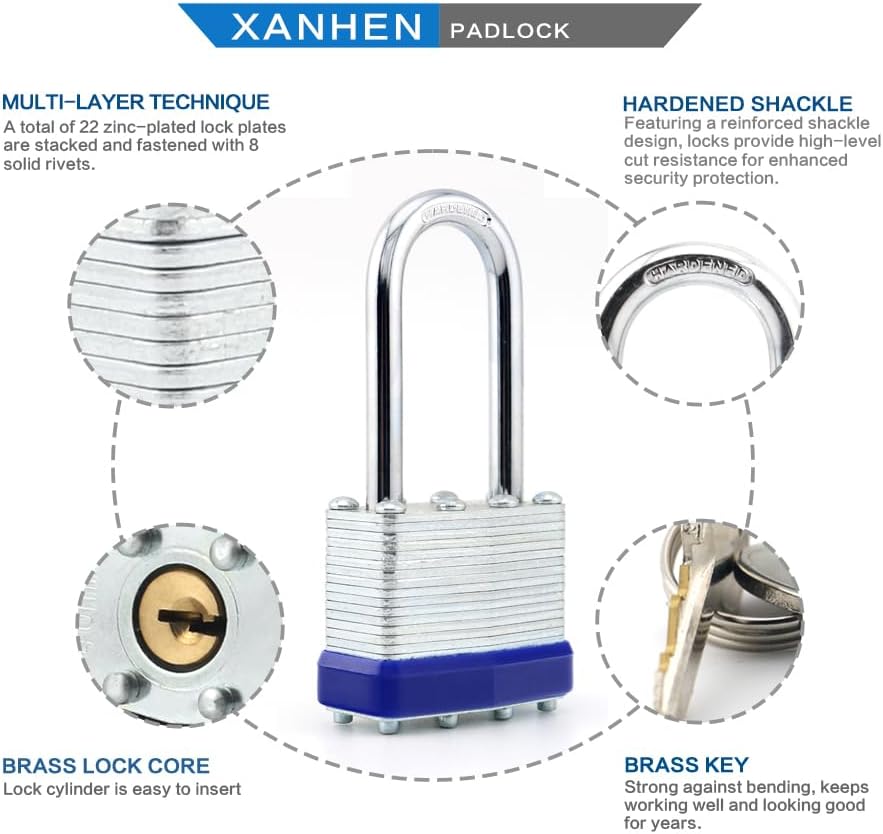 Laminated Steel Keyed Padlocks, 100 Pack, Blue, Keyed Alike, Long Shackle, 1-9/16' (40mm), for Hasp Latch, Sheds, Fences, Storage Locker, School, Gym