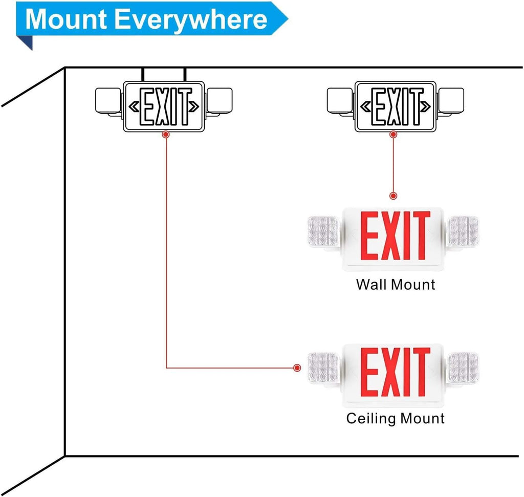6 Packs Red Exit Sign with Emergency Lights, LED Emergency Exit Light with Battery Backup, UL Listed, AC 120/277V, Commercial Emergency Lights Combo for Business/Home.
