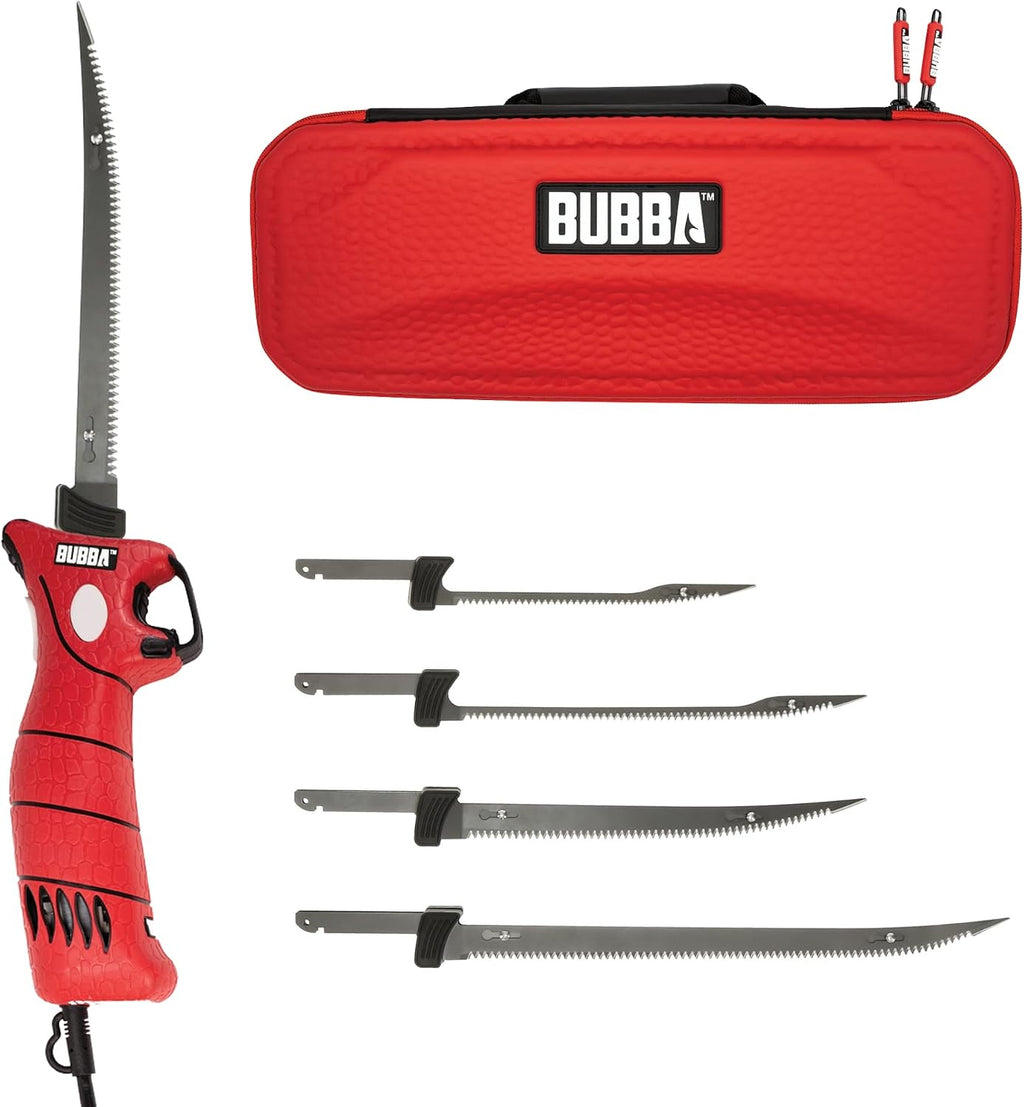 BUBBA 110V Electric Fillet Knife with Non-Slip Grip Handle, 4 Ti-Nitride S.S. Coated Non-Stick Reciprocating Blades, 8' Cord and Storage Case for Fishing