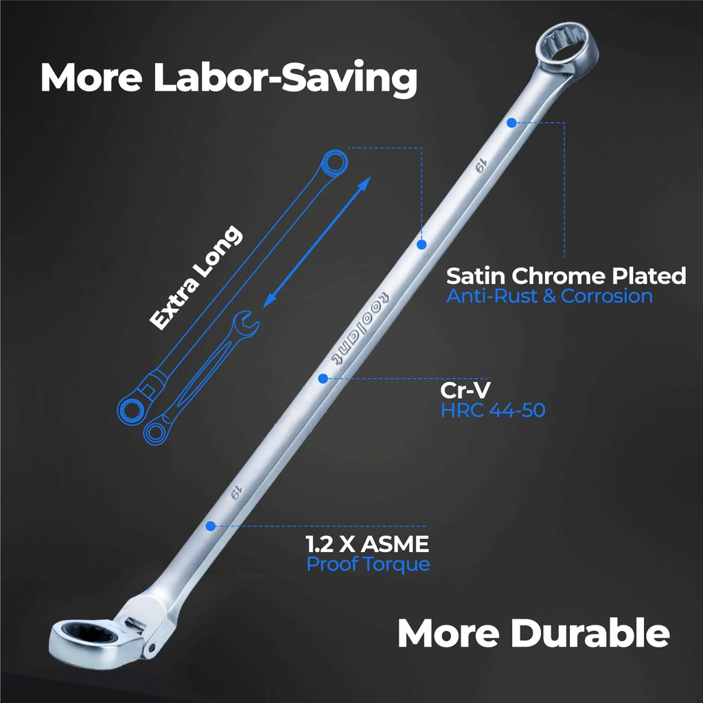toolant Extra Long Ratcheting Wrench Set, Flex Head & Fixed Offset Head Double Box End Combination Wrench Set, CR-V Steel, SAE 5/16'-1', 13PCS with Storage Tray