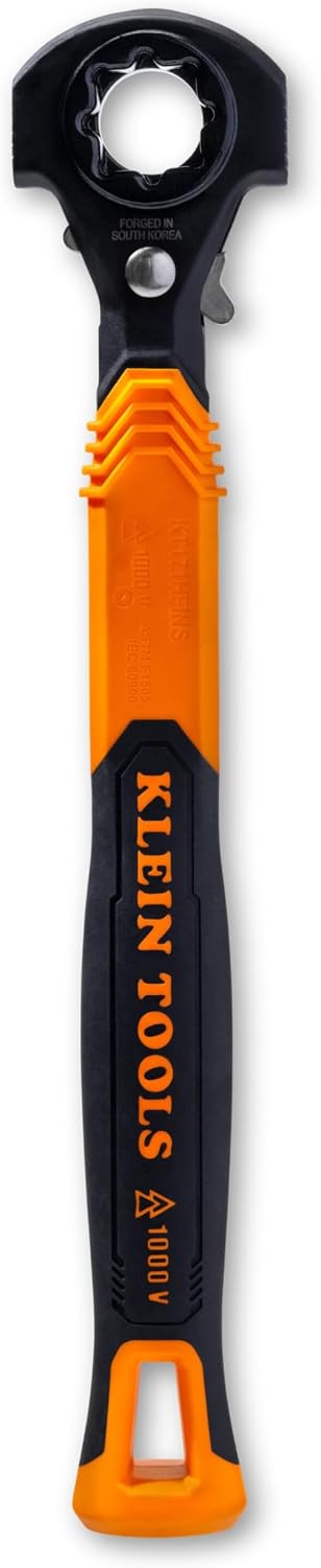 KLEIN TOOLS KT171HFINS 5-in-1 Insulated Lineman Wrench with Dual Hammer Faces, 1000V Rated, Ratcheting Pass-Through Design, Tether Hole, Ergonomic Grip for Utility Pole Hardware
