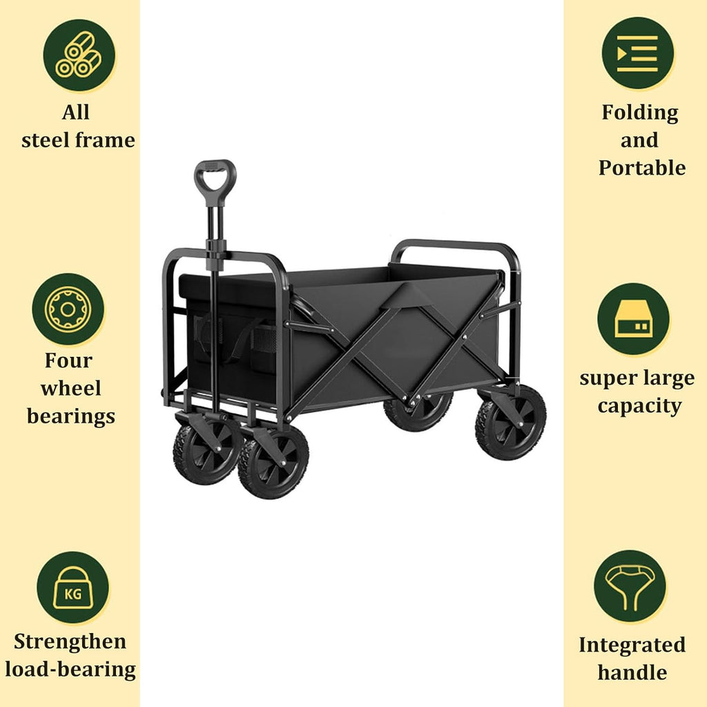 Garden Carts,Black Collapsible Wagon,Sports Outdoor Utility Wagon Garden Wagon Sports Heavy Duty Steel Frame Foldable Yard Car Static Load-Bearing 100Kg Camping Cart