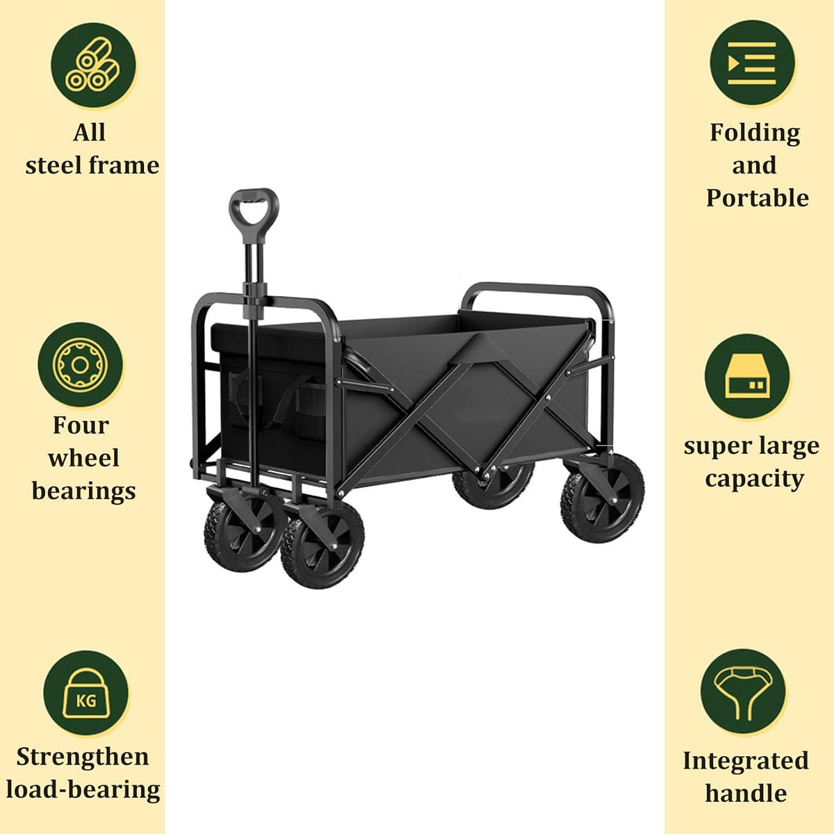 Black Garden Carts,Brown Collapsible Wagon,Beige Coffee Color Sports Outdoor Utility Wagon Folding Bearing 100Kg Garden Wagon Sports Heavy Duty Steel Frame Foldable Yard Car