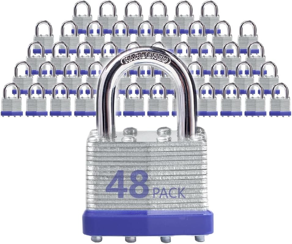 Keyed Alike Laminated Steel Padlocks, Standard Shackle, for Hasp, Shed, Fence, Storage Locker, School, Gym (48 Pack)