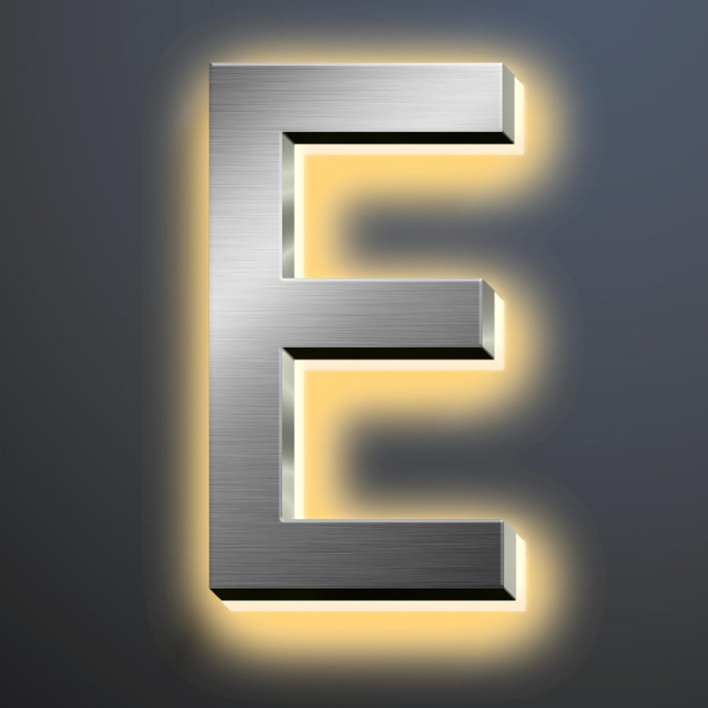 Backlit Illuminated LED House Numbers For Outside 16 Inch, Lighted Address Signs For House, Large Modern Illuminated Address Number, Brushed Silver, Warm White Light,E