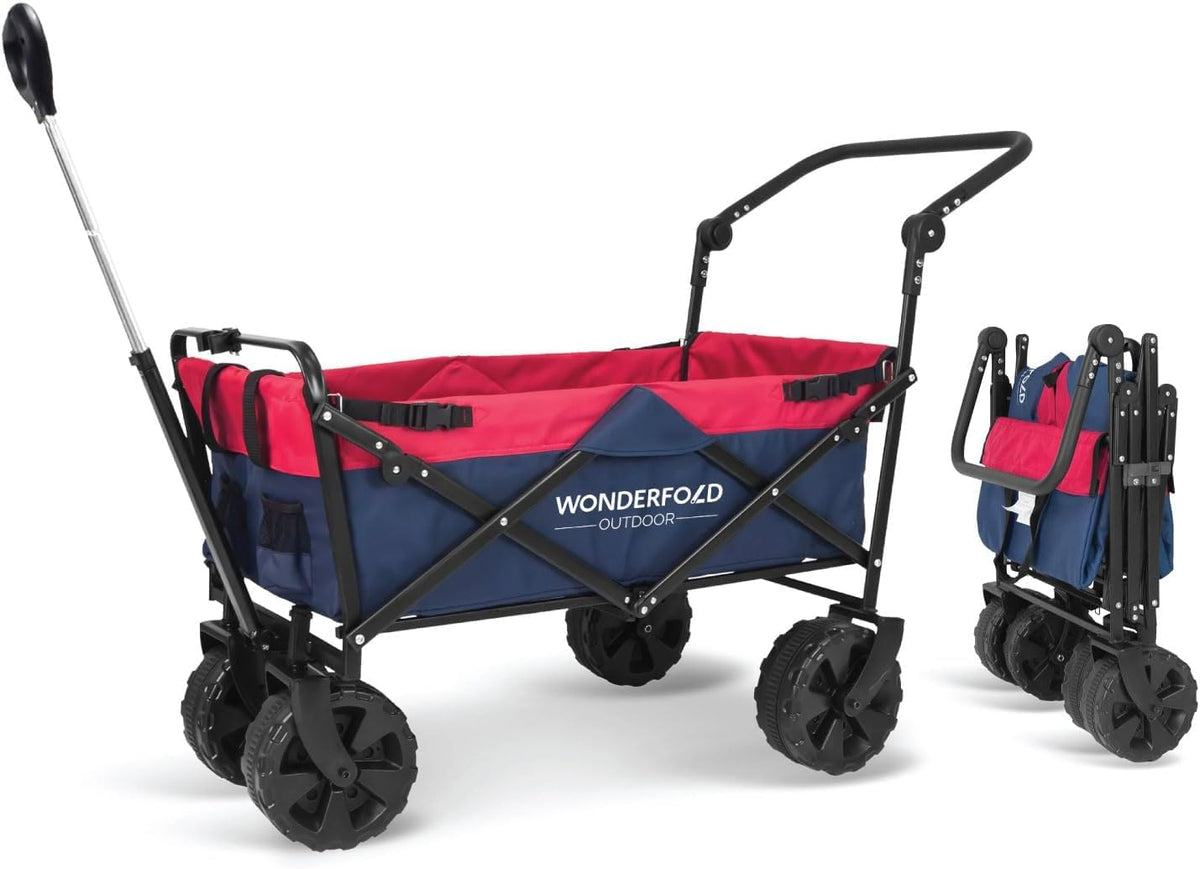 WONDERFOLD S2 Push & Pull Folding Utility Cart with Wide Beach Tires, Adjustable Push Handle, Telescopic Pull Handle with Spring Bounce Technology & Storage Pouch, Navy/Red