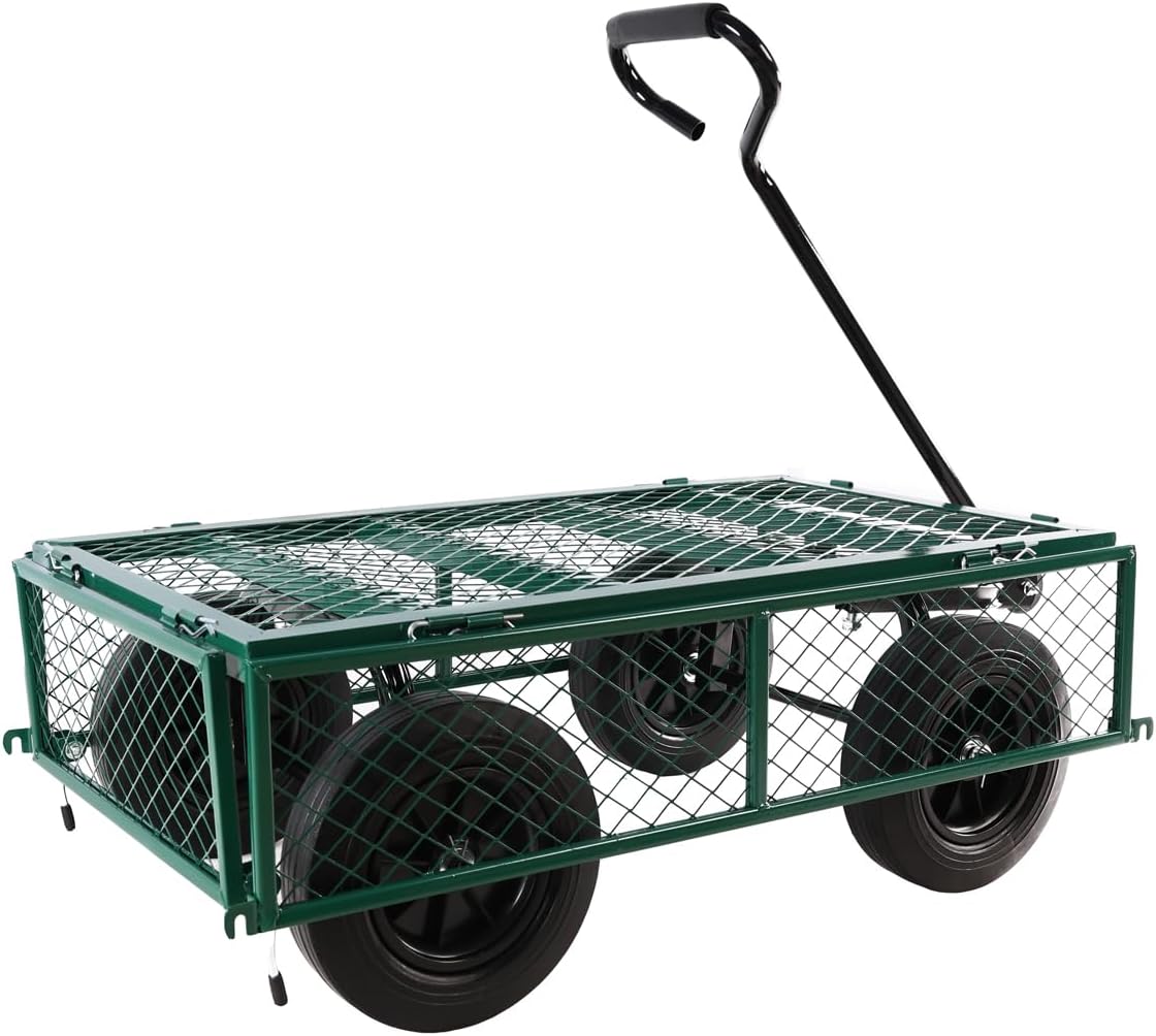 Green Wagon Cart with Solid Wheels, Heavy Duty Wagon, Utility Garden Cart for Sports Outdoor Wagon for Sports Beach Camping,Beach Cart with Wheels 37' L x 19.48' W x 40' H