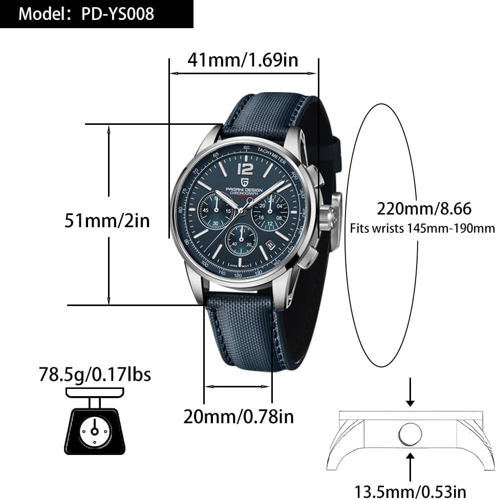 Pagani Design Men's Watch, Quartz Chronograph, 100M Water Resistant Stainless Steel Case, 40mm Dial Diameter, Sapphire Glass, Nylon Strap, Sporty Casual