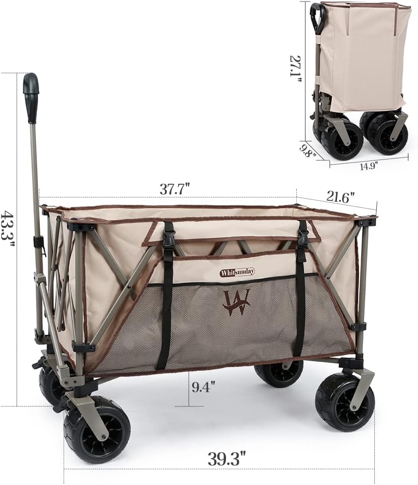 Whitsunday Heavy Duty Collapsible Wagon Cart, 380lb Load-Bearing Utility Wagon Cart with Big All Terrain Wheels, Folding Outdoor Wagon with Side Pocket for Beach, Camping, Outdoor Beige