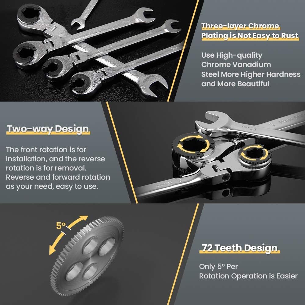 Anbull Metric Tubing Combination Wrench Set 9pcs(8-17mm), Ratcheting Wrench Set with 180°Open Flex-head, Tubing Ratchet Wrench Set with 72 Gears Cr-V Steel Constructed