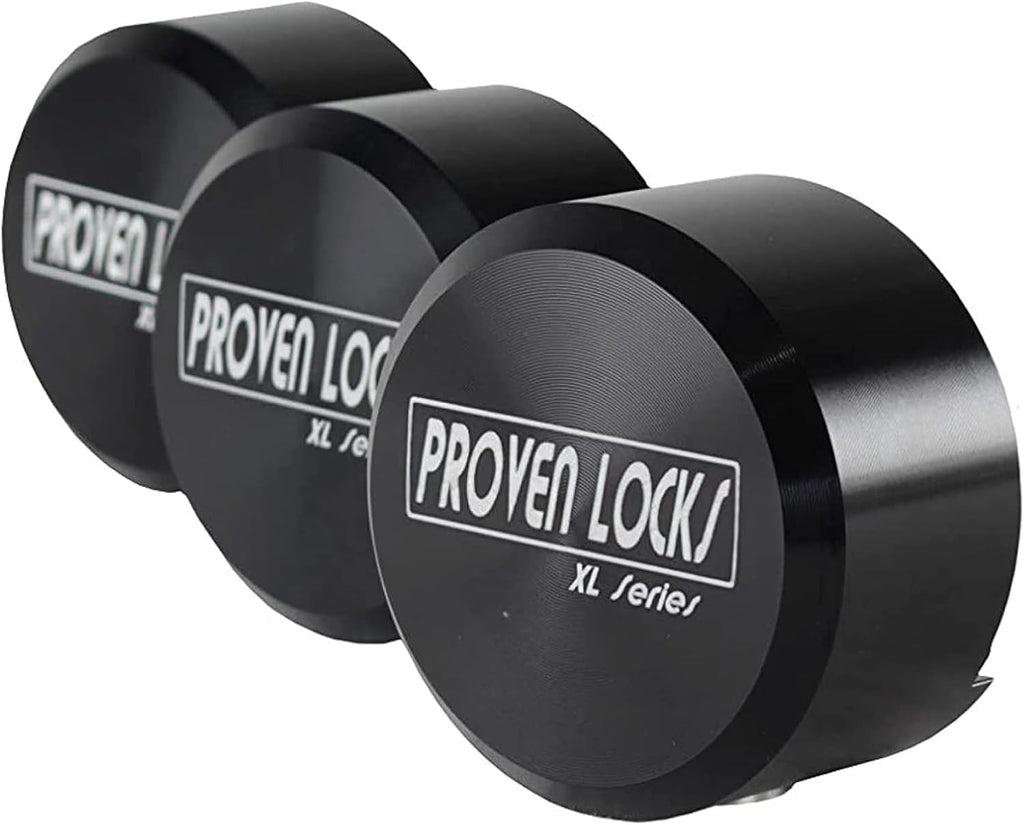 Proven Industries Puck Lock Set, Model 400XL, 3-Pack, Hidden Shackle, Keyed Alike, 6061 Solid Aluminum, Shackle Opening 1 3/4 x 1 3/4 x 7/8 in, Depth 1 1/4 in, Made in USA, Black