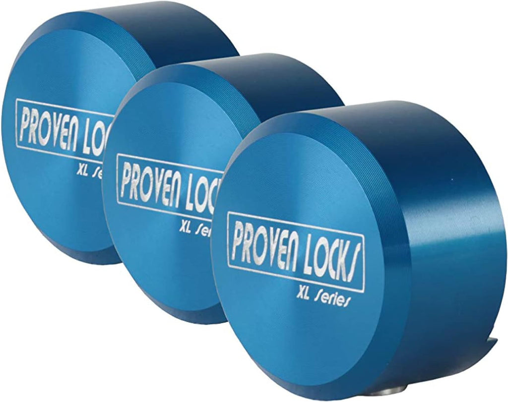 Proven Industries Puck Lock Set, Model 400XL, 3-Pack, Hidden Shackle, Keyed Alike, 6061 Solid Aluminum, Shackle Opening 1 3/4 x 1 3/4 x 7/8 in, Depth 1 1/4 in, Made in USA, Blue