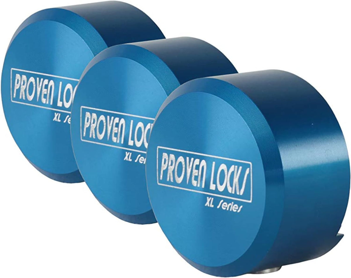 Proven Industries Puck Lock Set, Model 400XL, 3-Pack, Hidden Shackle, Keyed Alike, 6061 Solid Aluminum, Shackle Opening 1 3/4 x 1 3/4 x 7/8 in, Depth 1 1/4 in, Made in USA, Blue