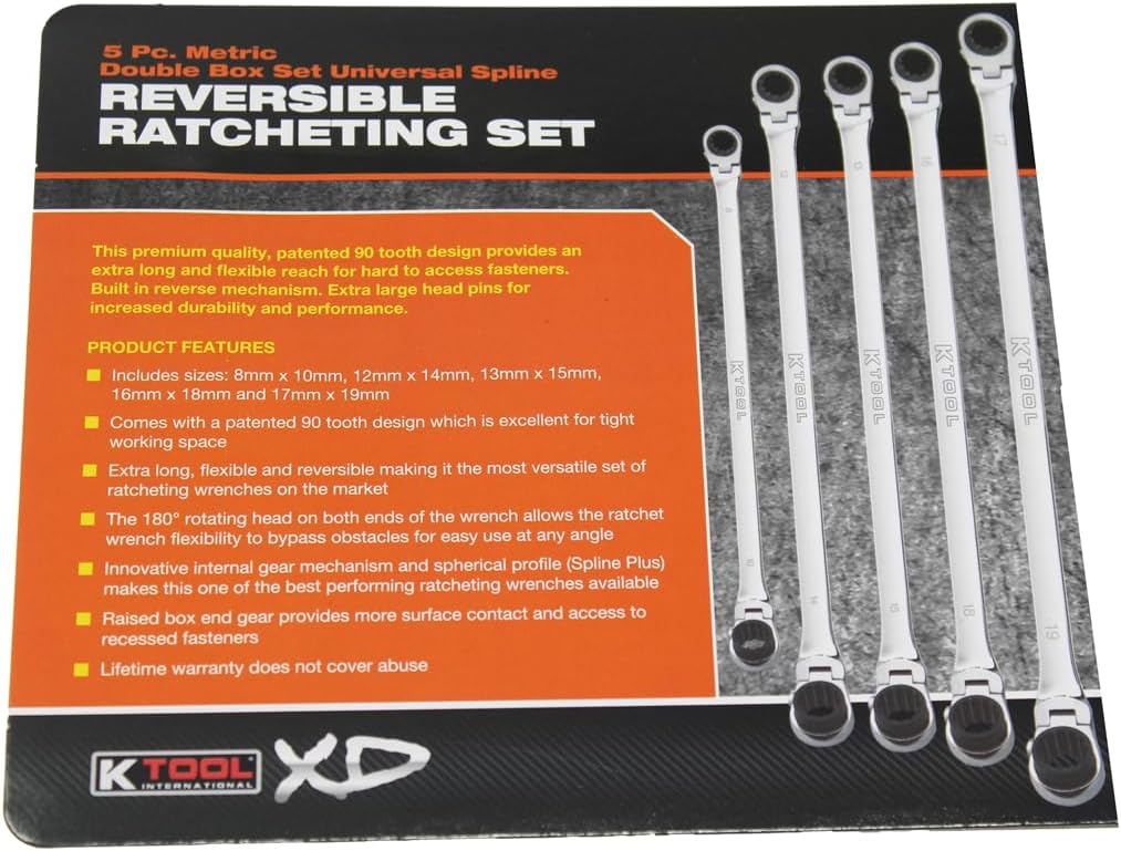 K Tool International XDDBM10 5 Piece Reversible Double Box Ratcheting Wrench Set for Garages, Repair Shops, and DIY, Black