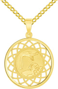 Jewelry America 14k Yellow Gold Religious Baptism Christening On Round Open Ornate Medal Pendant with Cuban Chain Curb Necklace