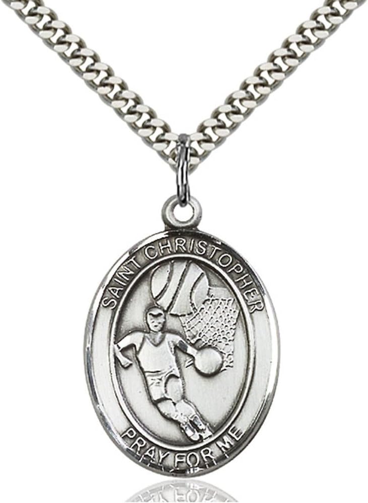 Bonyak Jewelry St. Christopher - Basketball Hand-Crafted Oval Medal Pendant in Sterling Silver