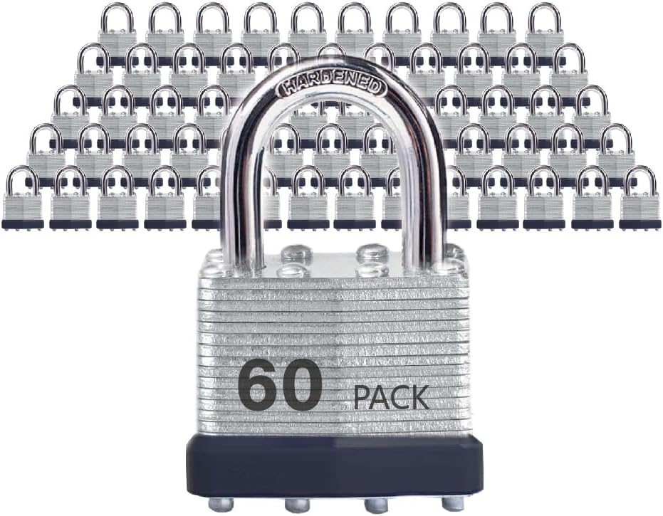 Keyed Alike Laminated Steel Padlocks, Standard Shackle, for Hasp, Shed, Fence, Storage Locker, School, Gym (60 Pack)