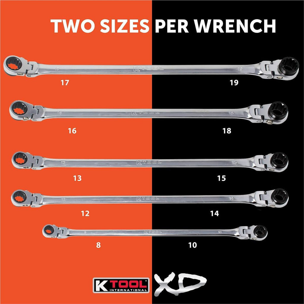 K Tool International XDDBM10 5 Piece Reversible Double Box Ratcheting Wrench Set for Garages, Repair Shops, and DIY, Black