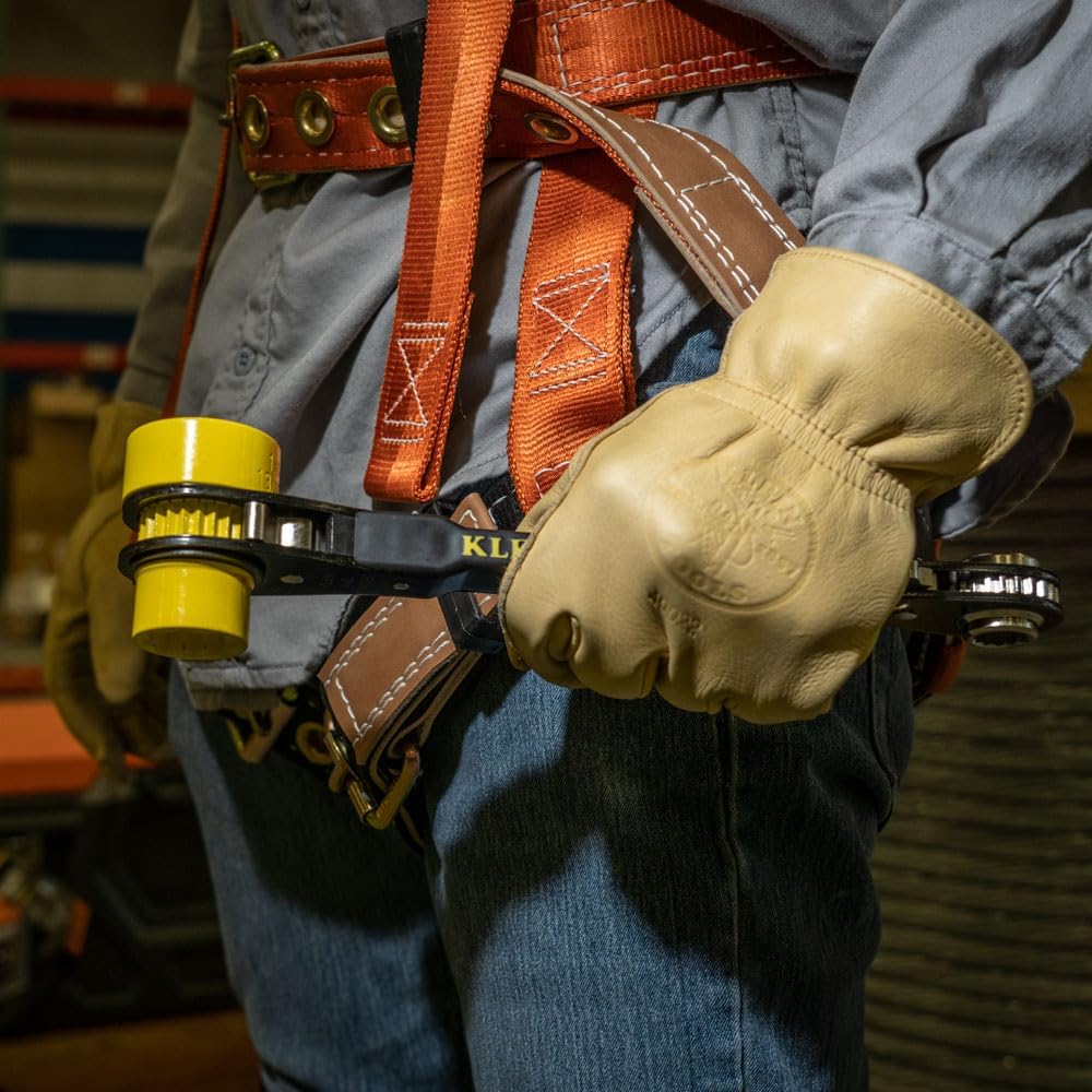 KLEIN TOOLS KT155HD Heavy-Duty 6-In-1 Lineman's Ratcheting Wrench with Bolt Through Design and Bright Yellow Socket