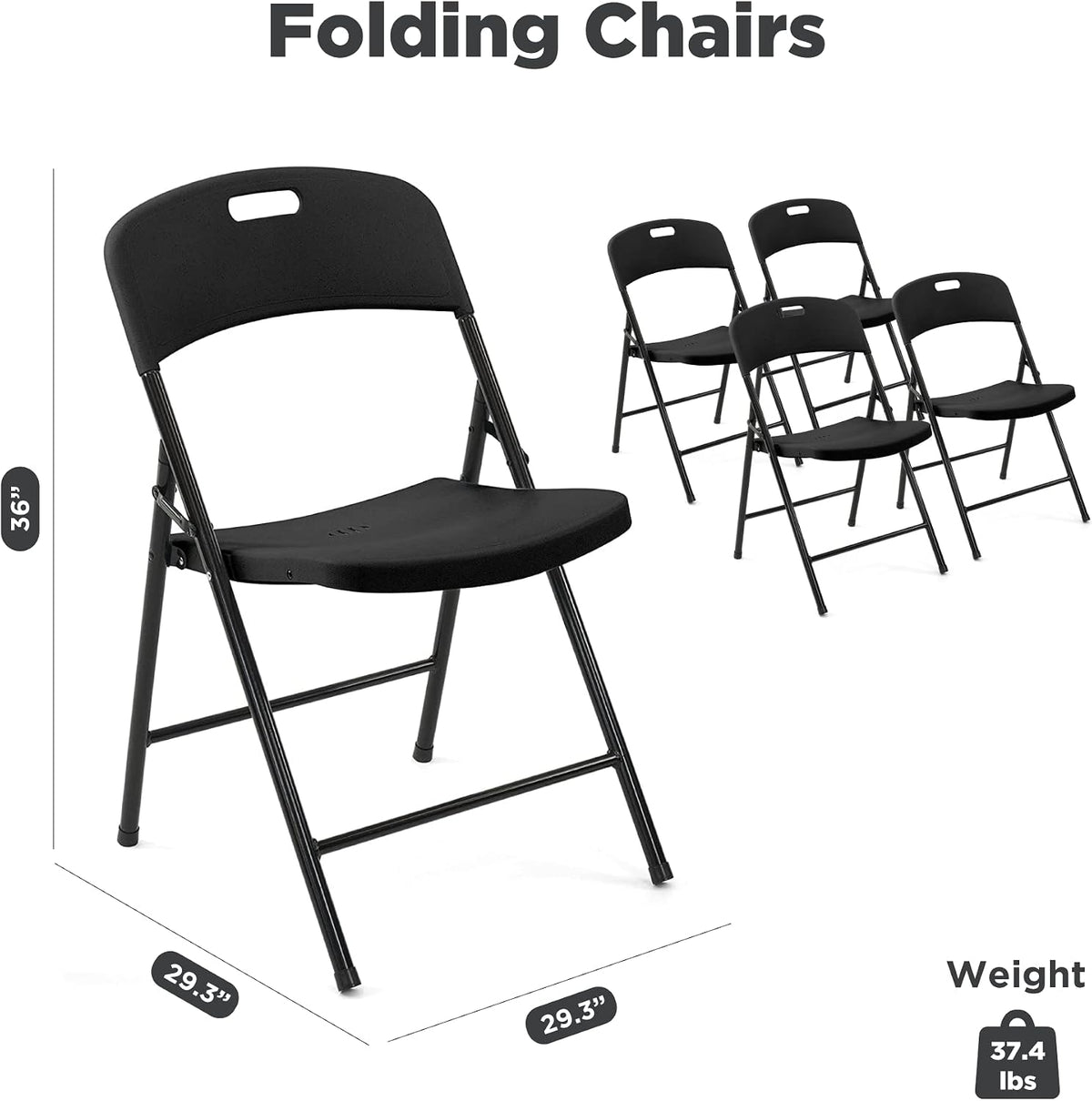 Creative Outdoor 4 Portable Plastic Folding Chairs, Sturdy Design, Indoor/Outdoor Events, Perfect for Camping/Picnic/Tailgating/Party (Black Set of 4 Chairs)