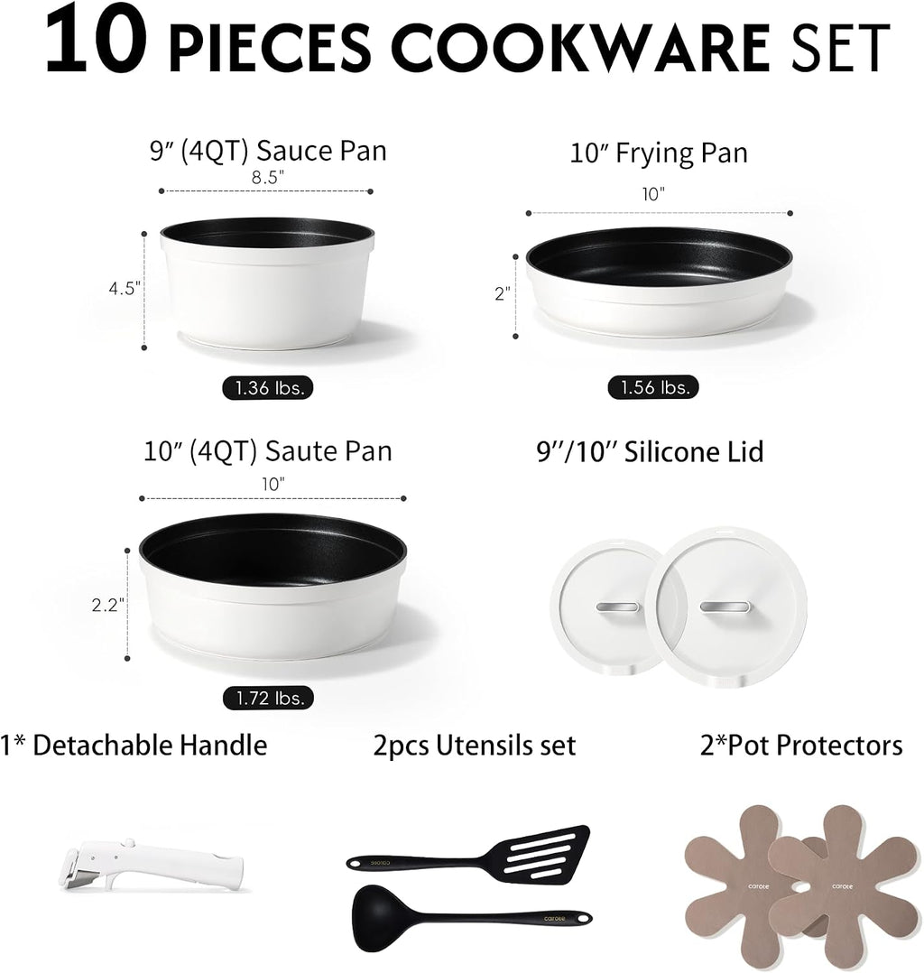 CAROTE 22pcs Pots and Pans Set Non Stick, Detachable Handle Cookware Set White, RV Cooking Set, Dishwasher/Oven/Fridge Safe, Pot and Pan Set, Induction Cookware