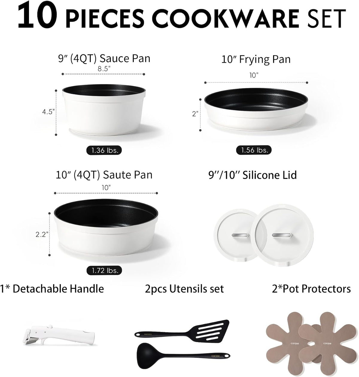 CAROTE 22pcs Pots and Pans Set Non Stick, Detachable Handle Cookware Set White, RV Cooking Set, Dishwasher/Oven/Fridge Safe, Pot and Pan Set, Induction Cookware