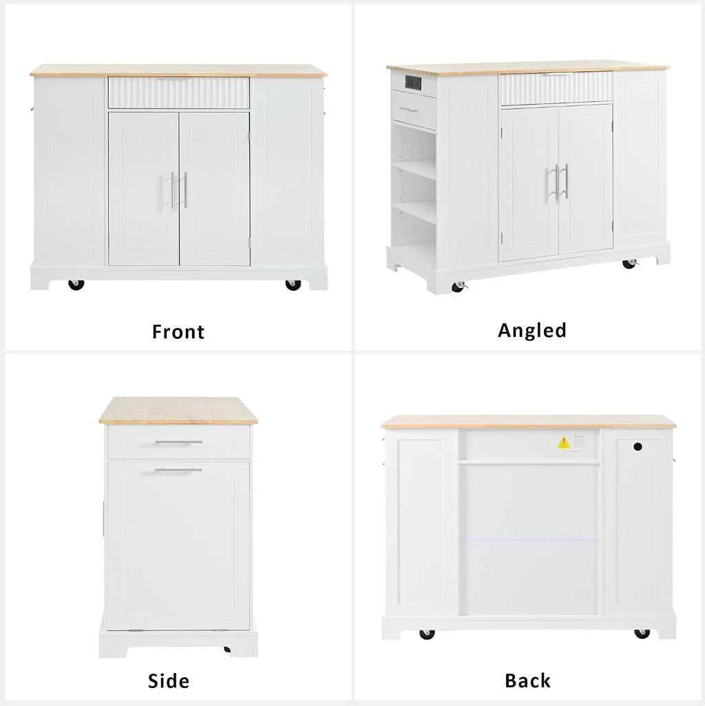 Fluted Rolling Kitchen Island Cart on 5 Wheels with Trash Can Storage Cabinet, Power Outlet, 3 Drawer, 3 Open Side Racks, 10 Gallon Garbage Bin for Kitchen, Dining Room, White