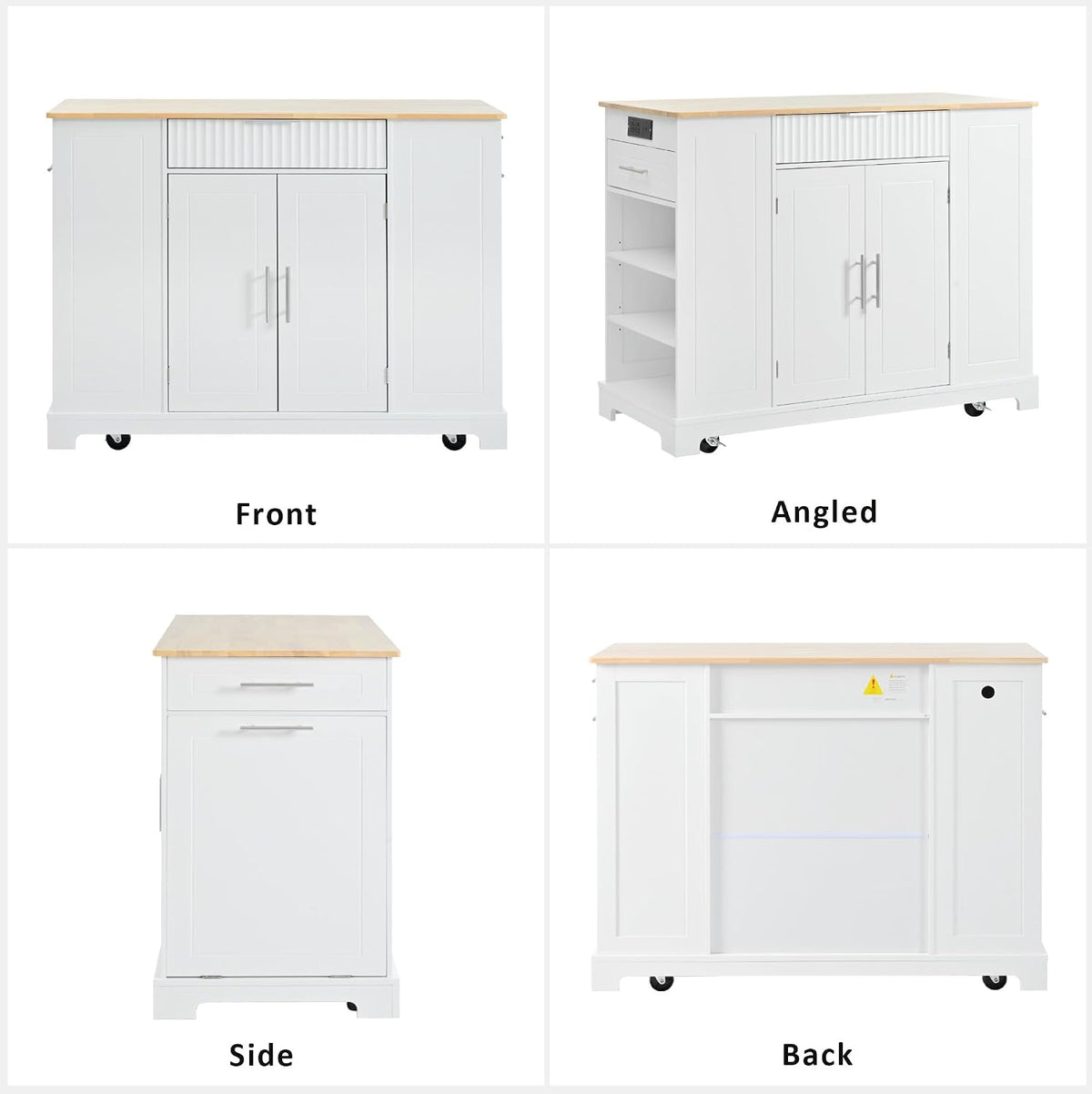 Fluted Rolling Kitchen Island Cart on 5 Wheels with Trash Can Storage Cabinet, Power Outlet, 3 Drawer, 3 Open Side Racks, 10 Gallon Garbage Bin for Kitchen, Dining Room, White