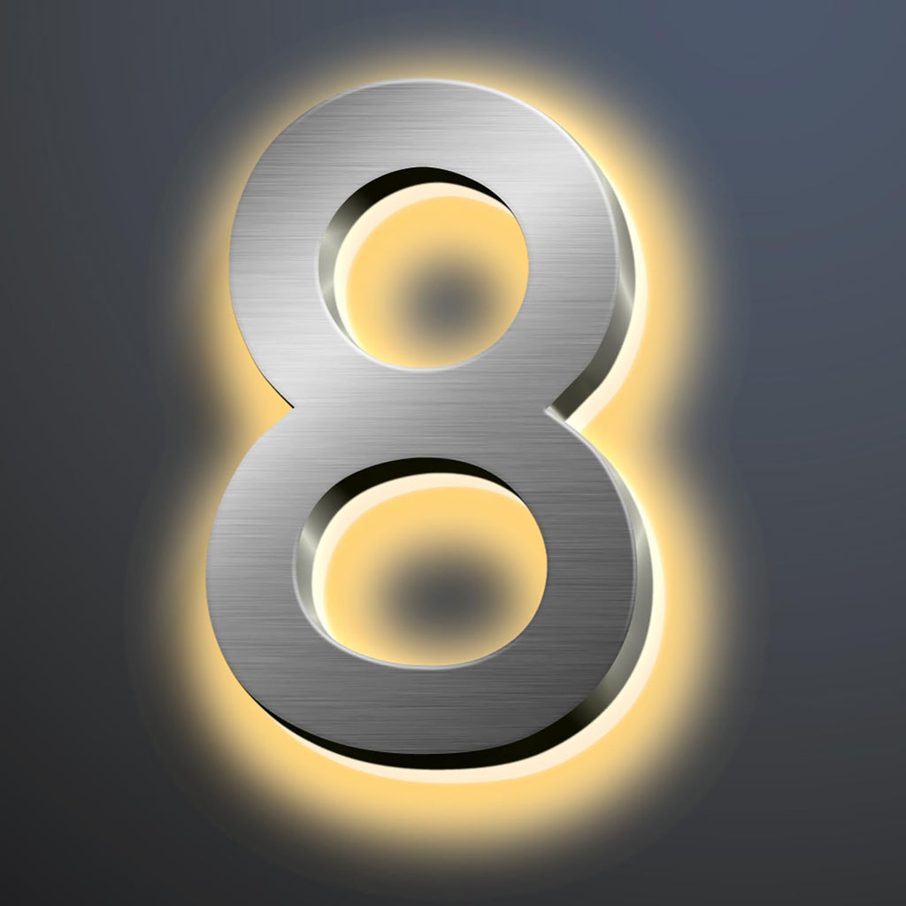 Backlit Illuminated LED House Numbers For Outside 16 Inch, Lighted Address Signs For House, Large Modern Illuminated Address Number, Brushed Silver, Warm White Light,8
