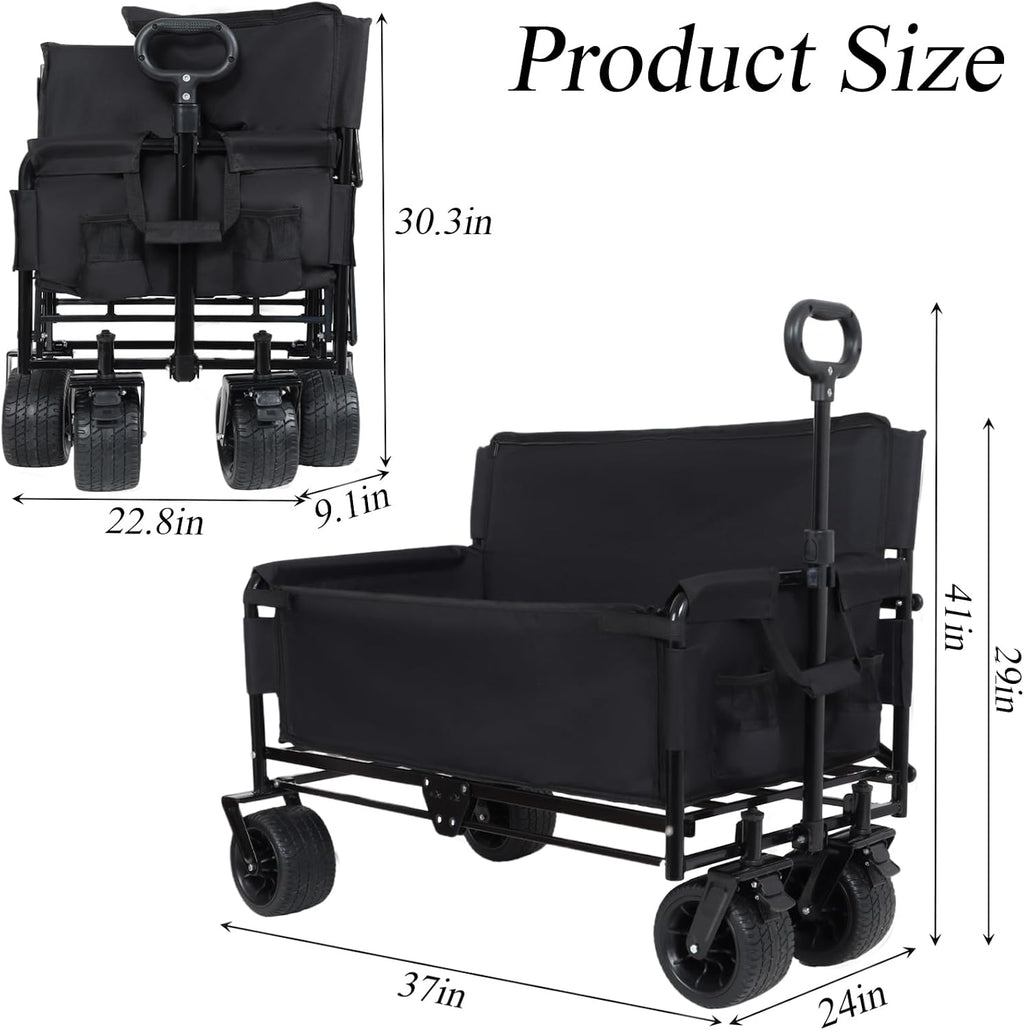3-in-1 Convertible Folding Wagon Cart with Bench Seat & Storage - 500lbs Heavy-Duty Utility Wagon, 180L Capacity All-Terrain Wheels for Camping, Beach, Sports, Garden (Black)