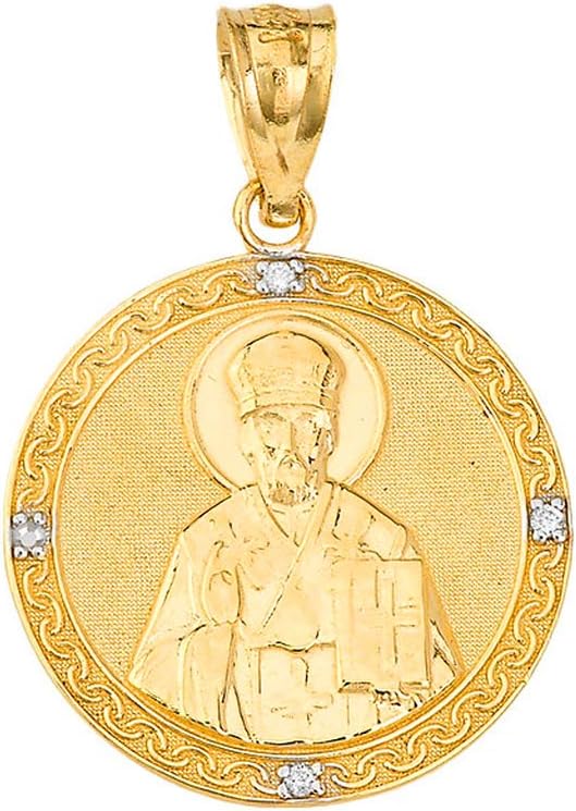 Certified 10k Gold Catholic Patron Saint Nicholas Diamond Round Medal Religious Pendant Necklace